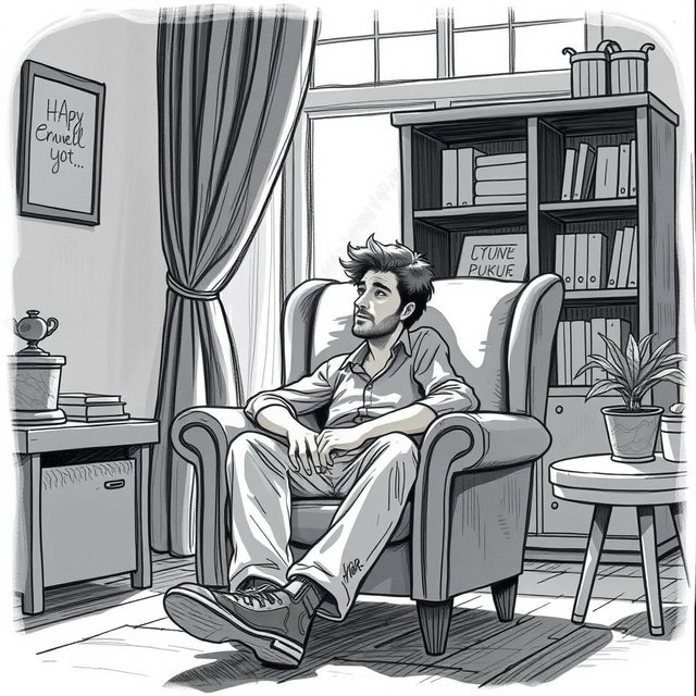 A heartfelt drawing of an actor sitting in an armchair within a cozy living room, conveying a deep sense of emptiness