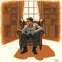 A poignant drawing of an actor seated in an armchair within a cozy living room, embodying a deep sense of emptiness