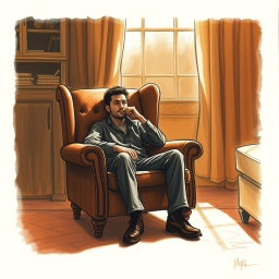 A poignant drawing of an actor seated in an armchair within a cozy living room, embodying a deep sense of emptiness