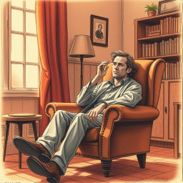 A poignant drawing of an actor seated in an armchair within a cozy living room, embodying a deep sense of emptiness