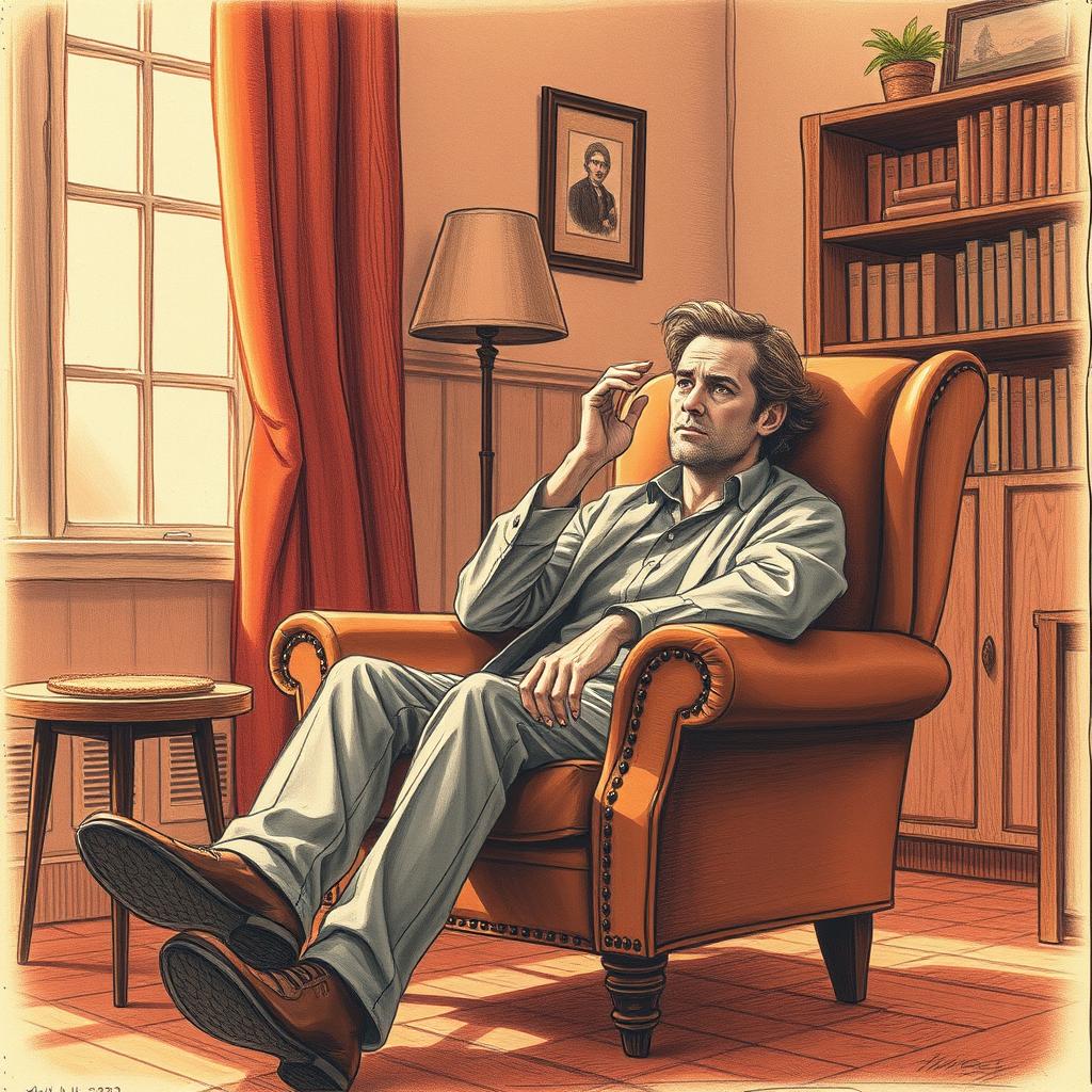 A poignant drawing of an actor seated in an armchair within a cozy living room, embodying a deep sense of emptiness