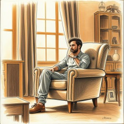 A poignant drawing of an actor seated in an armchair within a cozy living room, embodying a deep sense of emptiness