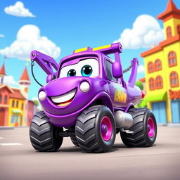 A lively purple cartoon wrecker truck with a shiny and eye-catching finish