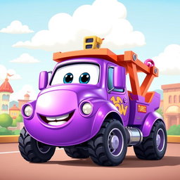 A lively purple cartoon wrecker truck with a shiny and eye-catching finish