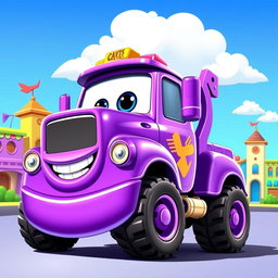 A lively purple cartoon wrecker truck with a shiny and eye-catching finish