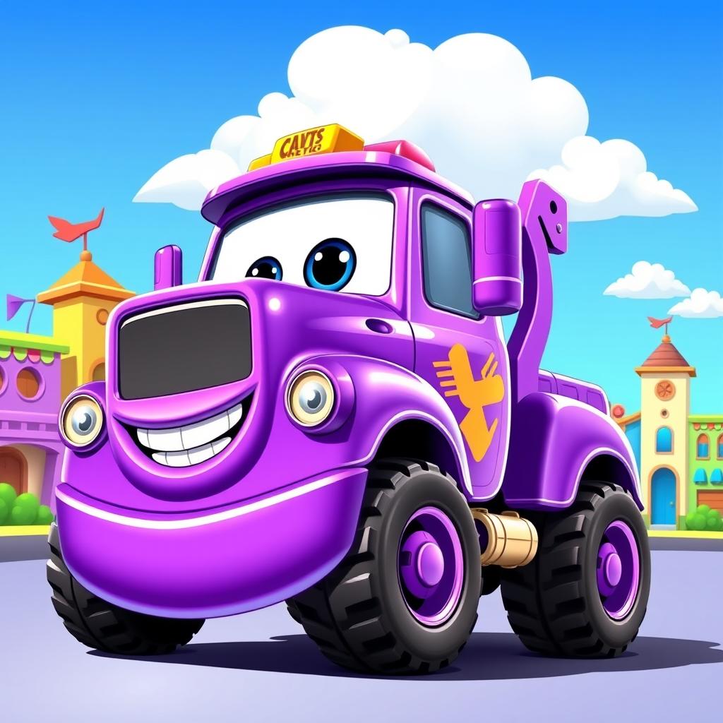 A lively purple cartoon wrecker truck with a shiny and eye-catching finish