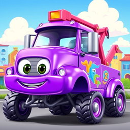 A lively purple cartoon wrecker truck with a shiny and eye-catching finish