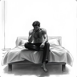 A striking drawing of an actor sitting on a bed, embodying a profound sense of emptiness