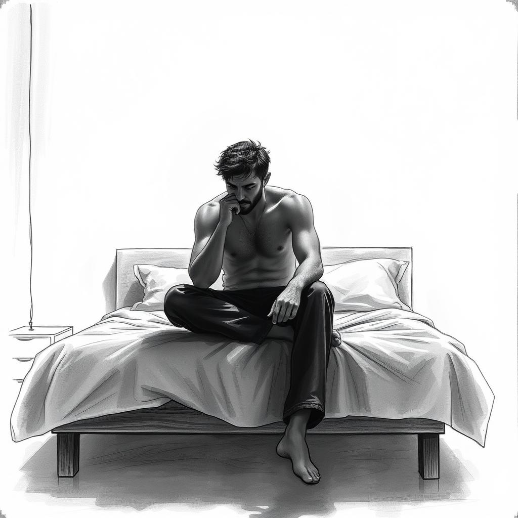 A striking drawing of an actor sitting on a bed, embodying a profound sense of emptiness