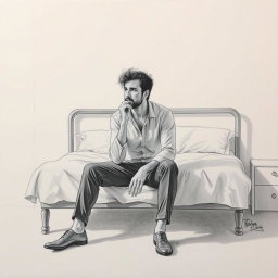 A striking drawing of an actor sitting on a bed, embodying a profound sense of emptiness