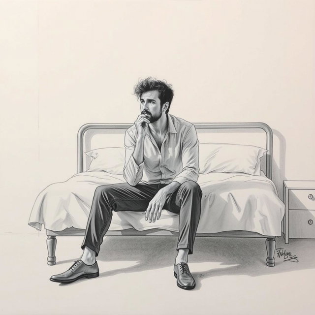 A striking drawing of an actor sitting on a bed, embodying a profound sense of emptiness