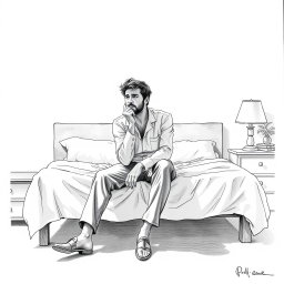 A striking drawing of an actor sitting on a bed, embodying a profound sense of emptiness