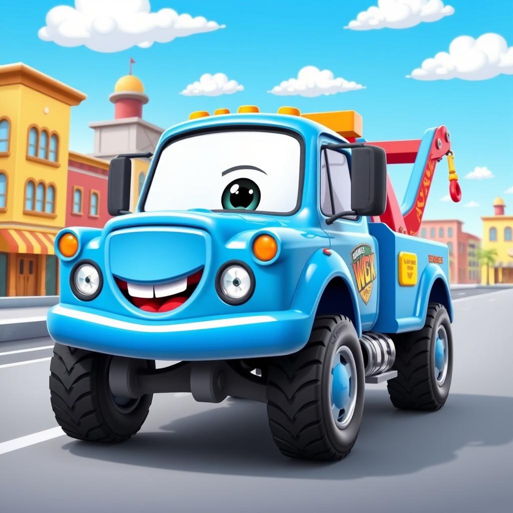 A lively blue cartoon wrecker truck with a glossy, eye-catching finish
