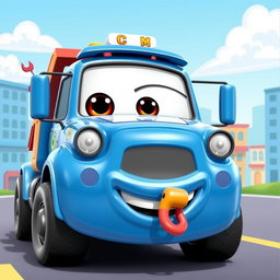 A lively blue cartoon wrecker truck with a glossy, eye-catching finish