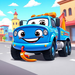 A lively blue cartoon wrecker truck with a glossy, eye-catching finish