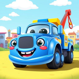 A lively blue cartoon wrecker truck with a glossy, eye-catching finish