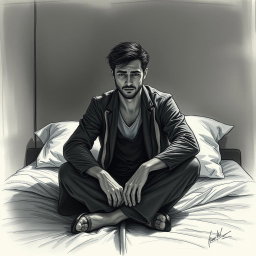 A deeply evocative drawing of an actor sitting on a bed, embodying a profound sense of emptiness and sadness