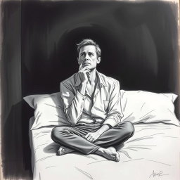 A deeply evocative drawing of an actor sitting on a bed, embodying a profound sense of emptiness and sadness