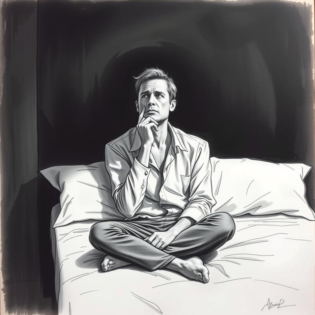 A deeply evocative drawing of an actor sitting on a bed, embodying a profound sense of emptiness and sadness
