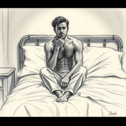 A deeply evocative drawing of an actor sitting on a bed, embodying a profound sense of emptiness and sadness