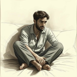 A deeply evocative drawing of an actor sitting on a bed, embodying a profound sense of emptiness and sadness
