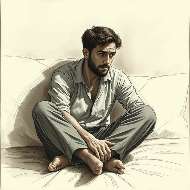 A deeply evocative drawing of an actor sitting on a bed, embodying a profound sense of emptiness and sadness