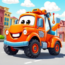 A charming orange cartoon wrecker truck with a glossy finish and a friendly demeanor