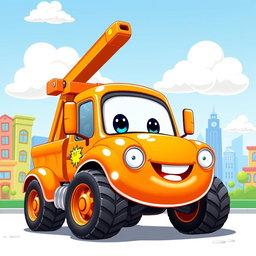 A charming orange cartoon wrecker truck with a glossy finish and a friendly demeanor