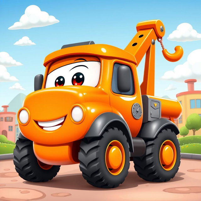 A charming orange cartoon wrecker truck with a glossy finish and a friendly demeanor