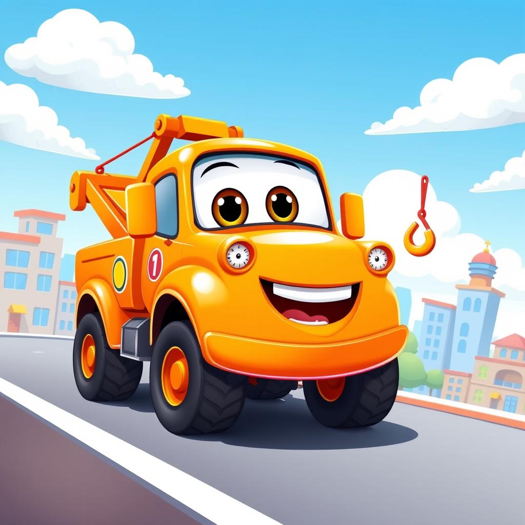 A charming orange cartoon wrecker truck with a glossy finish and a friendly demeanor