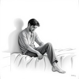 A moving drawing of an actor sitting on a bed, exuding a poignant sense of emptiness and sadness