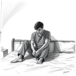 A moving drawing of an actor sitting on a bed, exuding a poignant sense of emptiness and sadness