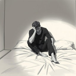 A moving drawing of an actor sitting on a bed, exuding a poignant sense of emptiness and sadness