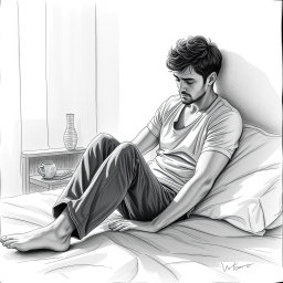 A moving drawing of an actor sitting on a bed, exuding a poignant sense of emptiness and sadness