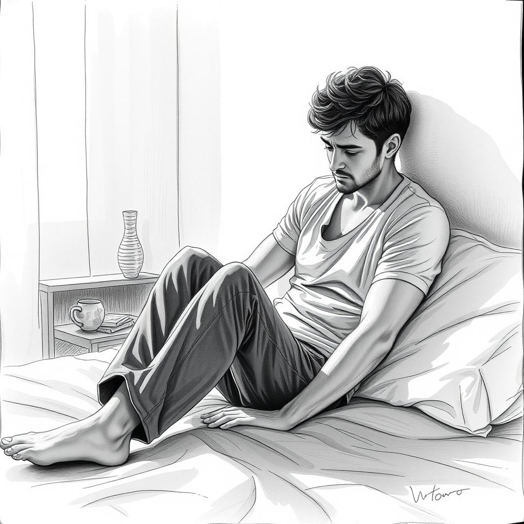 A moving drawing of an actor sitting on a bed, exuding a poignant sense of emptiness and sadness