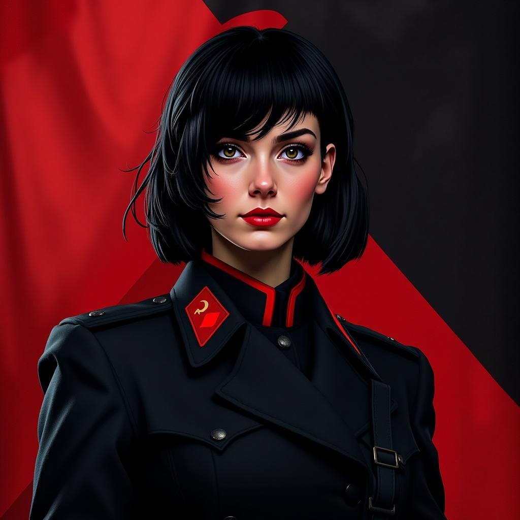 An image of a female military officer dressed entirely in black and red, featuring medium-length square-cut hair