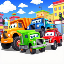 A vibrant cartoon scene featuring a group of various types of trucks gathered together