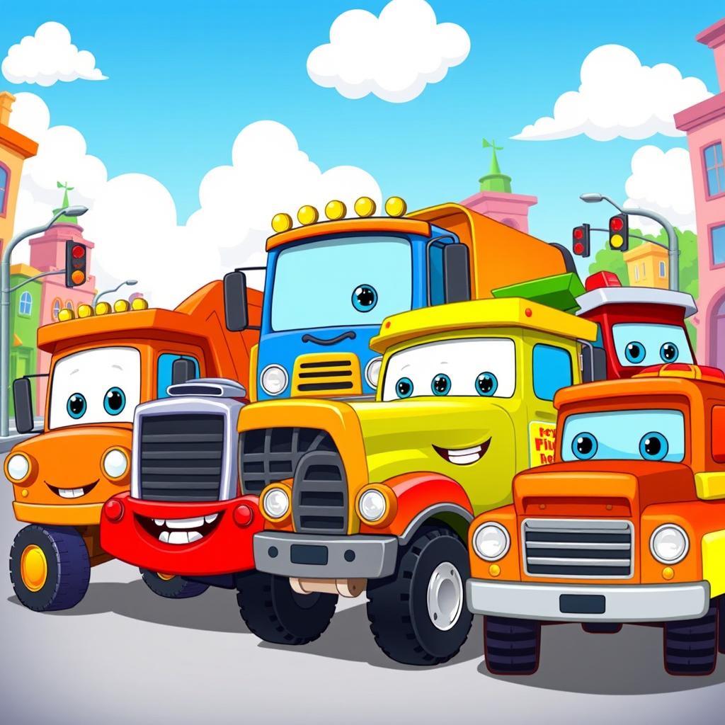 A vibrant cartoon scene featuring a group of various types of trucks gathered together