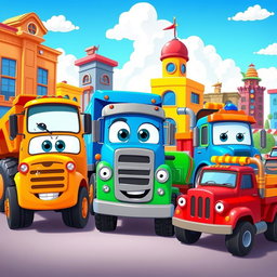 A vibrant cartoon scene featuring a group of various types of trucks gathered together