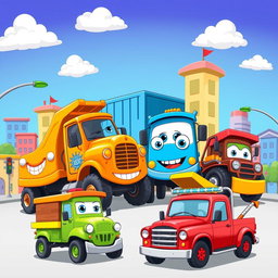 A vibrant cartoon scene featuring a group of various types of trucks gathered together