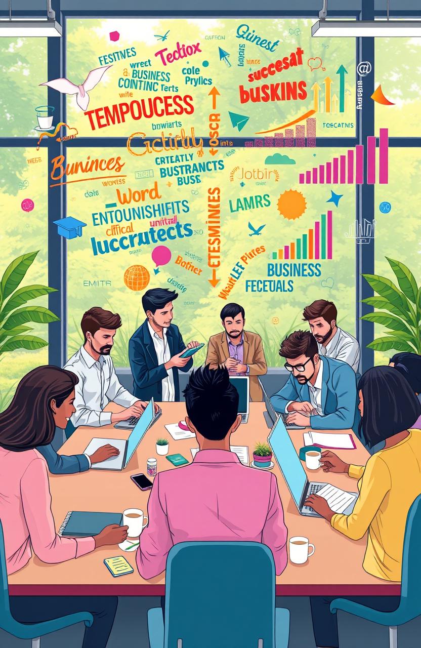 A vibrant and dynamic illustration depicting a creative workspace where words transform into successful businesses