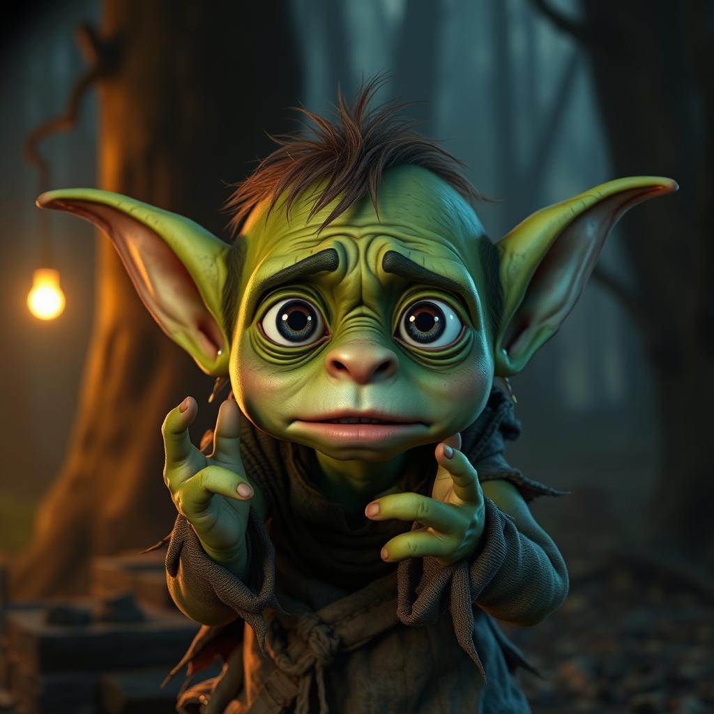 A worried and scared goblin, with large, expressive eyes that convey a sense of anxiety