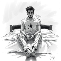 An expressive drawing of an actor sitting on a bed, radiating a deep sense of emptiness and sadness