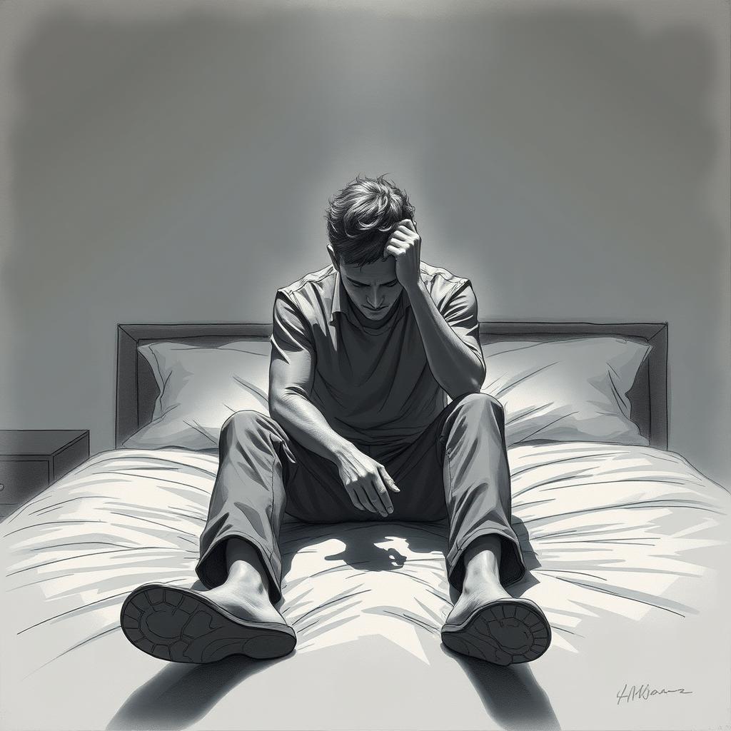 An expressive drawing of an actor sitting on a bed, radiating a deep sense of emptiness and sadness