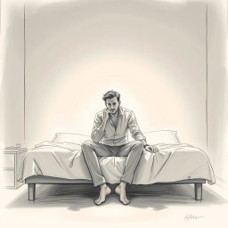 An expressive drawing of an actor sitting on a bed, radiating a deep sense of emptiness and sadness