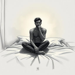 An expressive drawing of an actor sitting on a bed, radiating a deep sense of emptiness and sadness