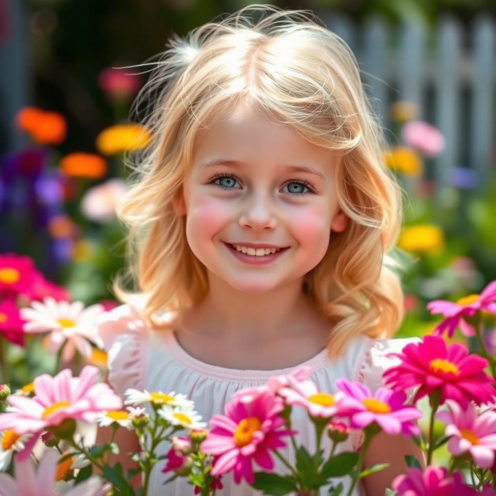A portrait of a young blonde girl with bright blue eyes, wearing a cheerful smile, surrounded by colorful flowers in a sunny garden