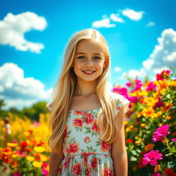 A beautiful blonde girl with long, flowing hair, striking blue eyes, and a warm smile