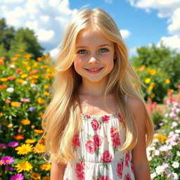 A beautiful blonde girl with long, flowing hair, striking blue eyes, and a warm smile