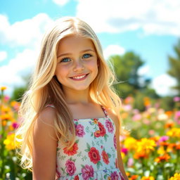 A beautiful blonde girl with long, flowing hair, striking blue eyes, and a warm smile